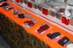 showpix-02 A closeup of some of our Demo Holsters and a few of the 50+ aluminum dummy guns that we use to help you get a precise fit on your new holster.
